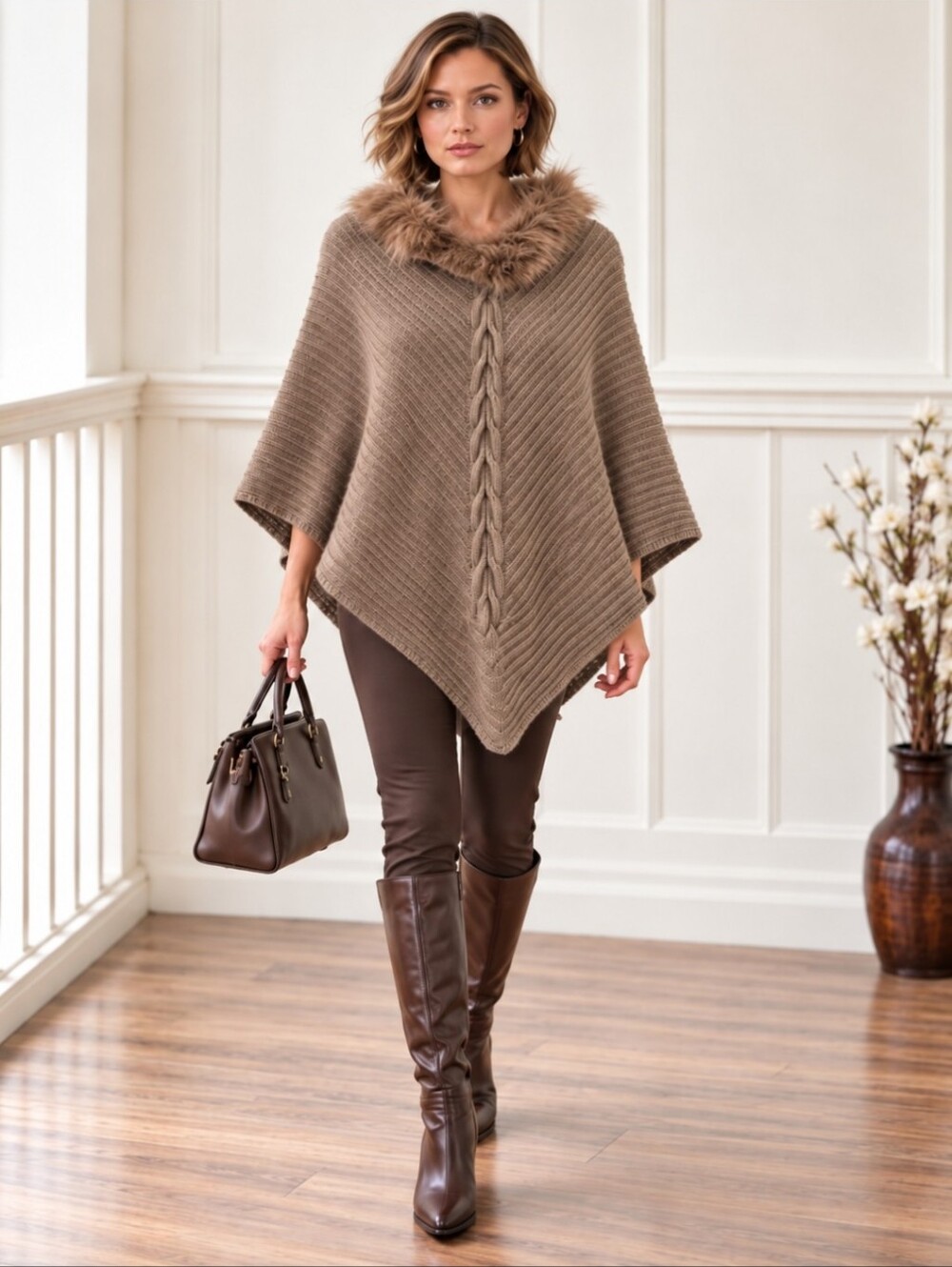 Surell Cozy Cable-Knit Poncho Cape with Faux Fur Collar - Taupe